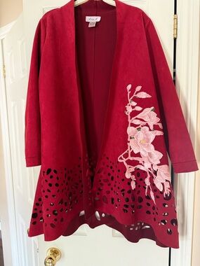 Anna Red Open-Front Cardigan with Pink Floral Embroidery